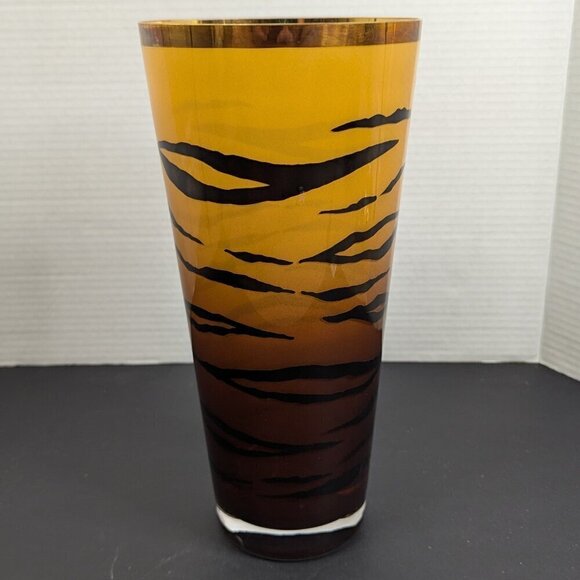 Vintage BOHEMIA Crystal Czech Republic Amber Black Tiger Stripe Vase - Picture 4 of 8